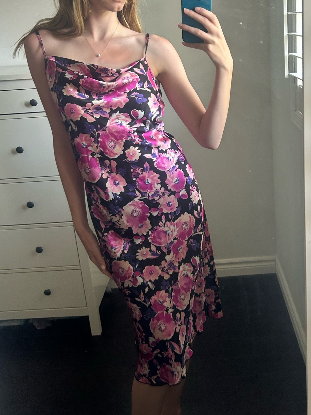 bebe Black Slip Midi Dress with Pink Floral Print